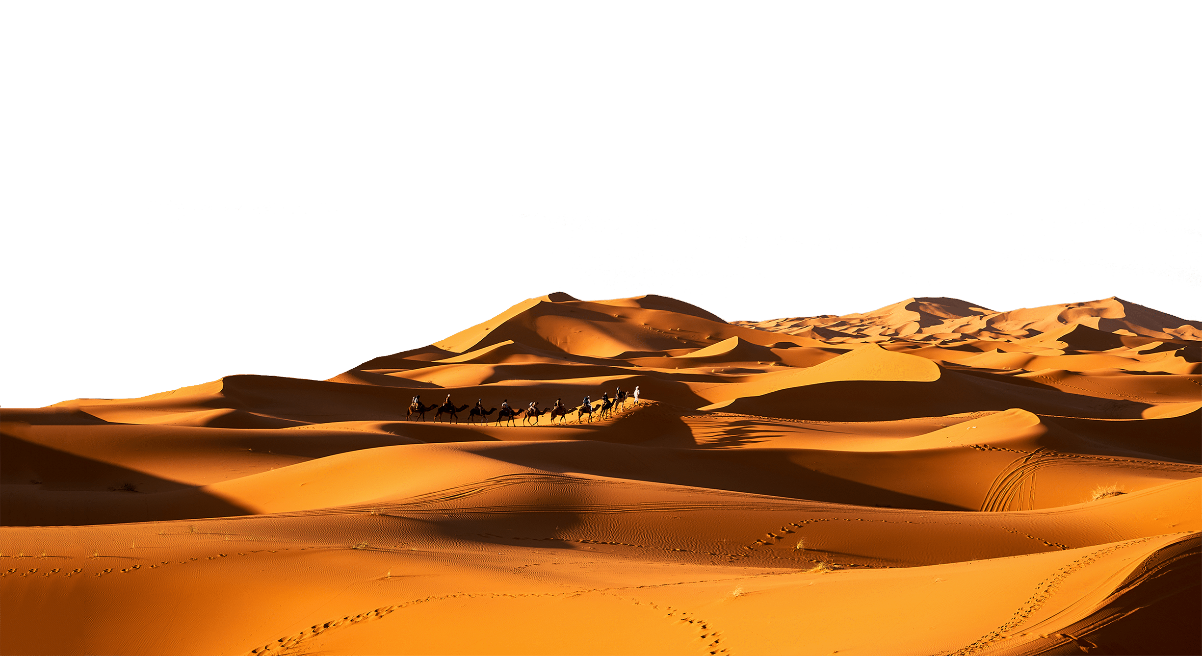 A camel caravan journeys across a vast desert landscape with rolling sand dunes under a clear sky, leading travelers to distant, dreamlike destinations.