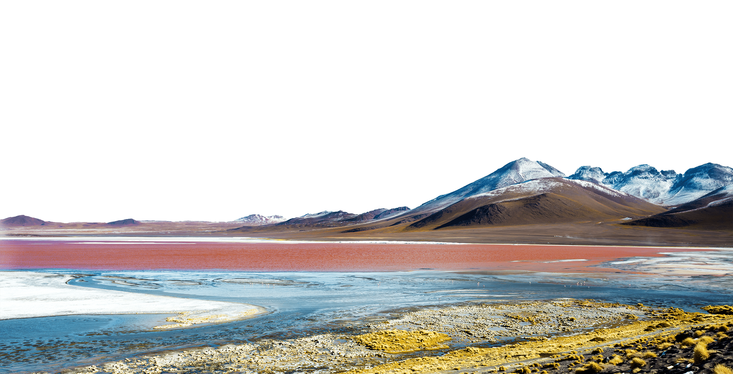 A high-altitude destination featuring a reddish lake, white salt flats, and snow-capped mountains under a clear sky.