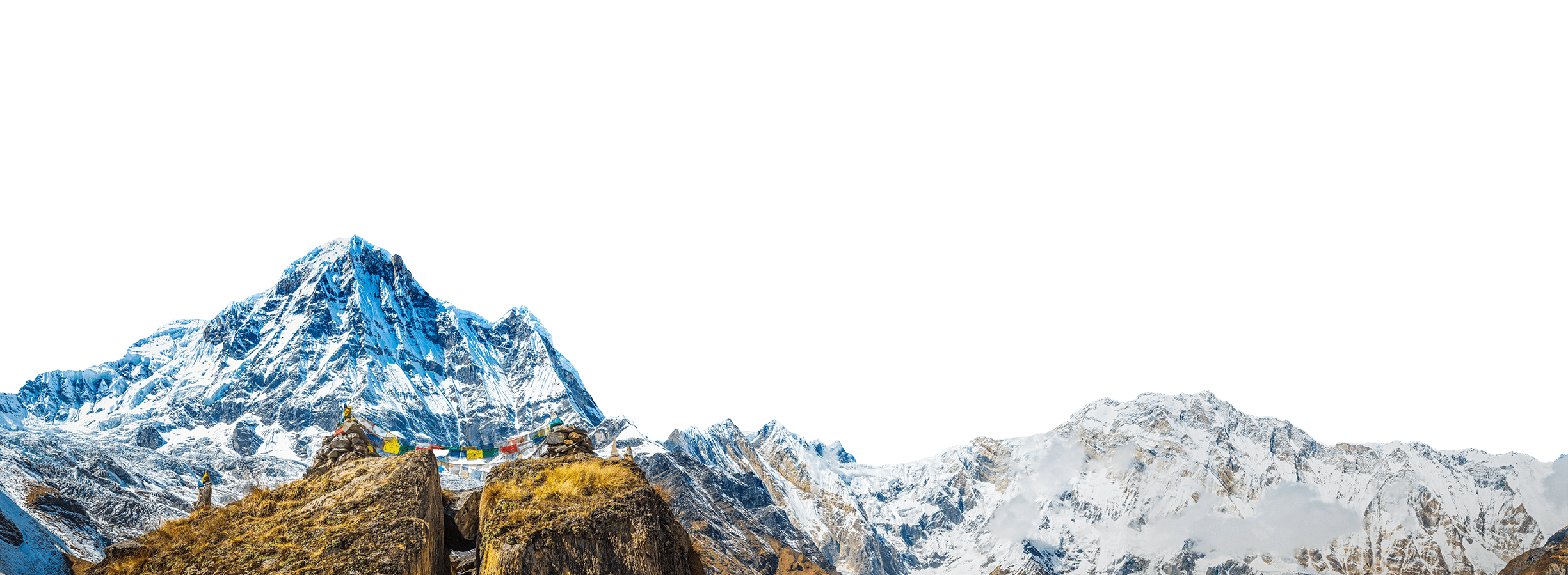 Snow-capped mountain peaks with a ridge adorned with colorful prayer flags and clear green skies in the background, offering boundless inspiration for your creative ideas.