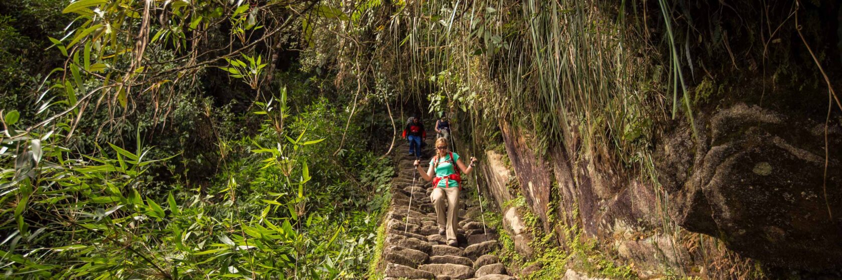 A group of hikers climbing steps on the Inca Trail.