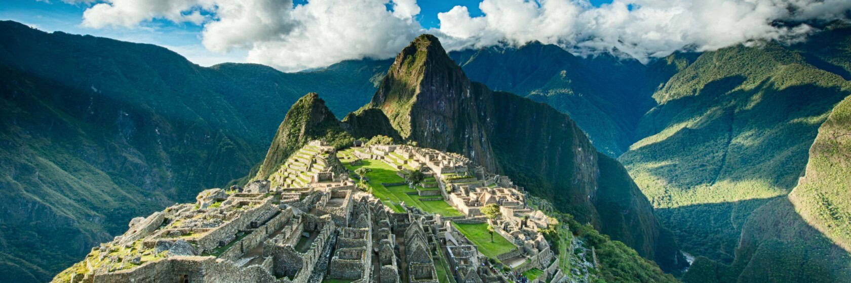An aerial view of Machu Picchu ruins.