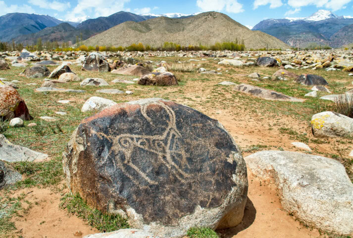 A large rock in an open, mountainous landscape in Kyrgyzstan boasts an ancient petroglyph depicting an animal engraven on its surface, attracting travel enthusiasts. Other rocks are scattered in the background.