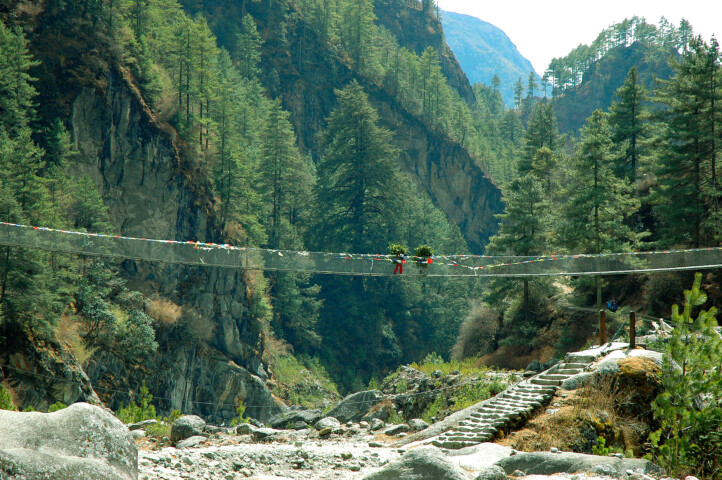 A narrow suspension bridge spans across a deep forested valley with pine trees and rugged cliffs, reminiscent of the landscapes in Nepal. Two people are seen crossing the bridge, while stone steps lead up to it on one side.