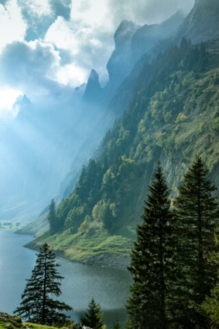 A serene mountain landscape in Switzerland with pine trees, a lake, and sunlight filtering through clouds illuminating the mountainside, creating a perfect scene for travel and tourism.