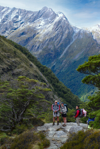 Three hikers with backpacks stand on a rocky path surrounded by lush greenery, with towering snow-capped mountains in the background, showcasing the breathtaking beauty of New Zealand.