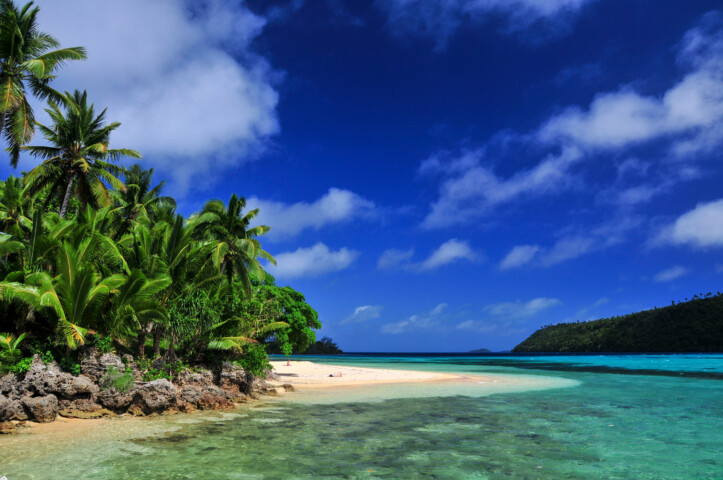 A tropical beach, typical of the island nation of Tonga, with white sand, lush green palm trees, and clear turquoise water under a blue sky with scattered clouds.