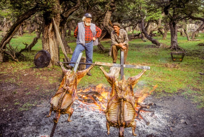 Two people stand near a fire in the Chilean woods, spit-roasting two animal carcasses.