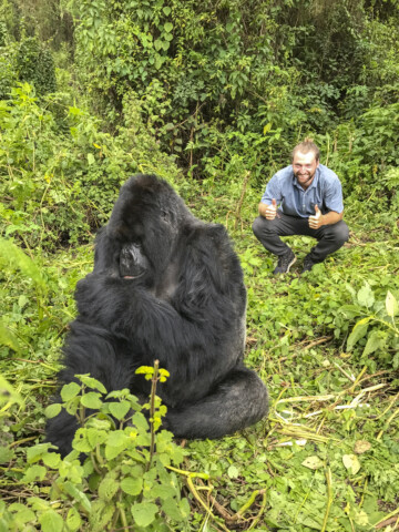 A traveler squats and smiles with thumbs up next to a seated gorilla in a lush, green jungle setting.