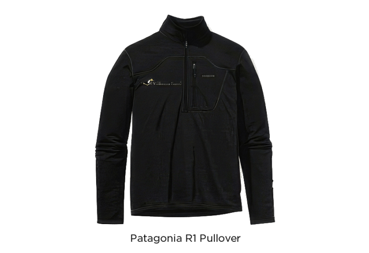 The black Patagonia R1 Pullover, available at WT Toucan Club, features long sleeves, a quarter-zip front, and a zippered chest pocket. Perfect for gifts and now offered with exclusive discounts.