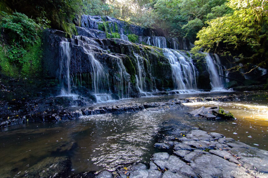 A cascading waterfall flows over moss-covered rocks into a shallow pool, surrounded by lush green foliage and sunlight filtering through the trees, evoking scenes straight out of Middle Earth.