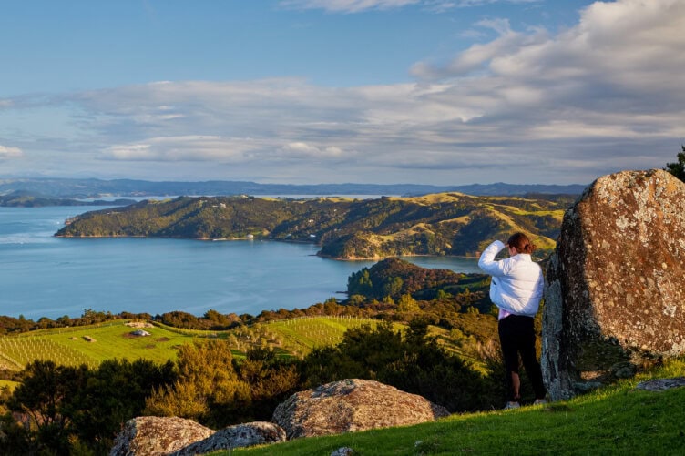 A person in a white jacket stands on grass beside large rocks, gazing at New Zealand's stunning landscape of green hills and blue water under a cloudy sky. Among the top 15 things to do here, this view captivates adventurers seeking nature's serene beauty.