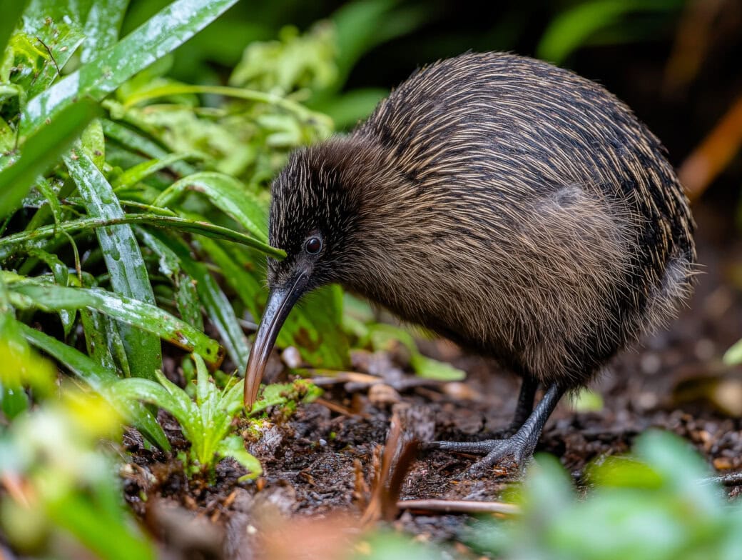 In the lush, green heart of New Zealand's national parks, a flightless brown kiwi bird with a long beak is searching for food. This serene scene showcases the natural beauty that sets these parks apart from those elsewhere in the world.