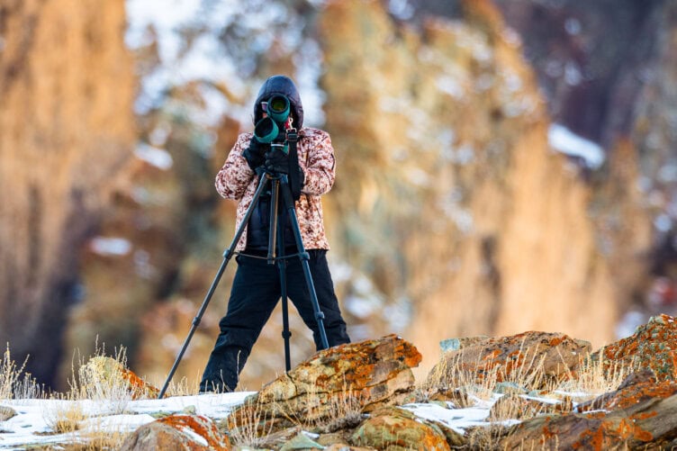 Bundled in winter clothing, a person uses a camera on a tripod, scanning the snow-dusted landscape for elusive snow leopards amidst the blurred rocky terrain. Wildlife sightings in this rugged expanse offer a rare glimpse into India's majestic wilderness.