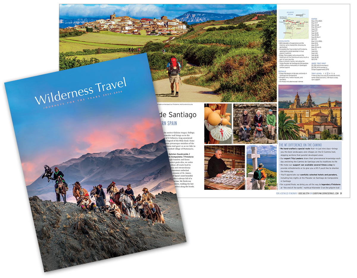 A travel brochure cover features horseback riders in mountainous terrain, with an inside spread showing images and text about a Spanish pilgrimage route.