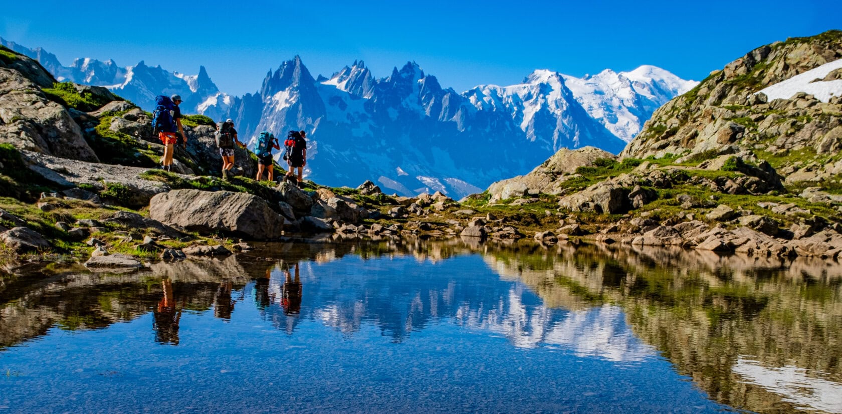 Hikers with backpacks stand by a pristine Alpine lake, reflecting jagged peaks under a blue sky in a rocky, green landscape—the best time for such breathtaking travel moments.