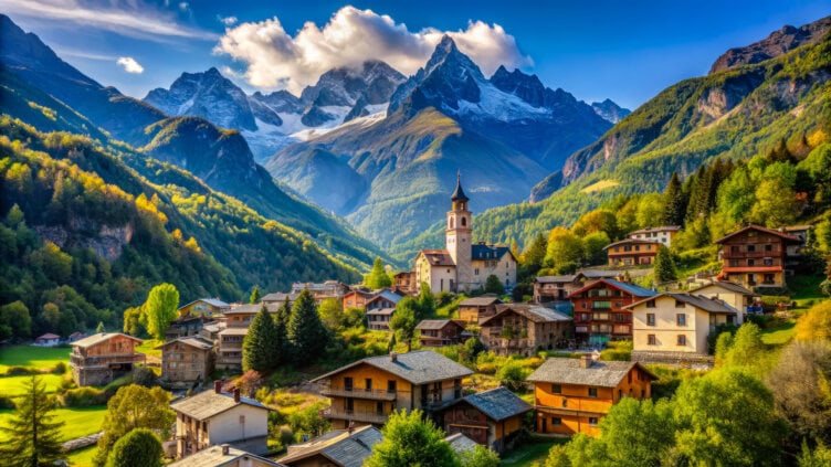 A picturesque village with a church is nestled in a verdant valley, surrounded by the majestic Alps under a clear blue sky. It's the best country escape, where visitors can immerse themselves in nature's charm.