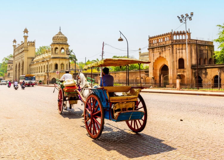 A horse-drawn carriage glides along a cobblestone street in front of historic buildings on a sunny day, reminiscent of scenes you'd find among the charming streets while exploring things to do in India, with other vehicles visible in the background.